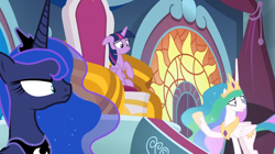 Size: 1366x766 | Tagged: safe, screencap, princess celestia, princess luna, twilight sparkle, twilight sparkle (alicorn), alicorn, pony, the ending of the end, carpet, crown, jewelry, peytral, regalia, stained glass window, throne