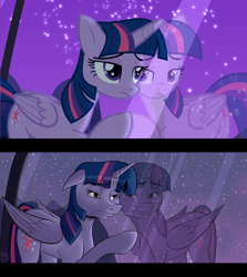 Size: 1920x2157 | Tagged: safe, artist:thethunderpony, derpibooru import, screencap, twilight sparkle, twilight sparkle (alicorn), alicorn, pony, comparison, female, floppy ears, frown, mare, night, redraw, reflection, sad, scene interpretation, stars, window