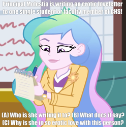 Size: 1005x1014 | Tagged: safe, derpibooru exclusive, edit, edited edit, edited screencap, screencap, princess celestia, principal celestia, better together, equestria girls, schedule swap, blazer, canterlot high, caption, chair, clock, clothes, cropped, cutie mark, exclamation point, eyebrows, eyelashes, eyes open, female, happy, holiday, indoors, jacket, lipstick, meme, notepad, paper, pen, pencil, pin, princess molestia, principal molestia, question, question mark, shirt, smiling, solo, symbol, t-shirt, text, wall of tags, watch, wristwatch, writing