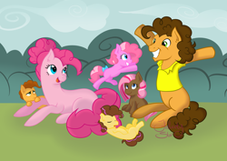 Size: 1024x726 | Tagged: safe, artist:felicity-star, cheese sandwich, pinkie pie, oc, oc:angel, oc:dainty, oc:spice, oc:sugar, earth pony, pony, alternate hairstyle, blank flank, cheesepie, colt, family, female, filly, hair bun, male, missing cutie mark, offspring, parent:cheese sandwich, parent:pinkie pie, parents:cheesepie, shipping, straight