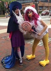 Size: 448x615 | Tagged: safe, artist:sarahndipity cosplay, artist:shelbeanie, derpibooru import, pinkie pie, star swirl the bearded, twilight sparkle, human, animal costume, chicken pie, chicken suit, clothes, cosplay, costume, irl, irl human, nightmare night, photo, skirt