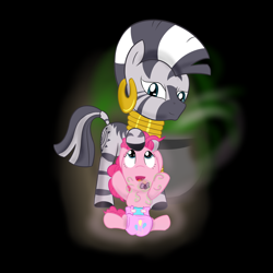 Size: 3000x3000 | Tagged: safe, artist:ricktin, pinkie pie, zecora, pony, zebra, age regression, baby, baby pie, baby pony, cauldron, cutie mark diapers, diaper, duo, ear piercing, earring, female, foal, jewelry, magic, pacifier, piercing