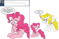 Size: 1204x800 | Tagged: safe, artist:dekomaru, pinkie pie, surprise, pony, ask, comic, sitting, sweat, tumblr, tumblr:ask twixie