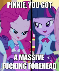 Size: 416x500 | Tagged: safe, derpibooru import, screencap, pinkie pie, twilight sparkle, twilight sparkle (alicorn), alicorn, equestria girls, fivehead, forehead, image macro, meme, vulgar