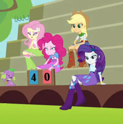 Size: 347x348 | Tagged: safe, screencap, applejack, fluttershy, pinkie pie, rarity, spike, dog, equestria girls, equestria girls (movie), bleachers, boots, clothes, cropped, eyes closed, female, scoreboard, shoes, skirt, spike the dog