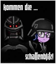 Size: 920x1045 | Tagged: safe, artist:adammasterart, derpibooru import, sci-twi, twilight sparkle, oc, oc:lord nocturnus, equestria girls, friendship games, bionicle, crystal prep shadowbolts, der kristall reich, faic, german, grammar error, lego, propaganda, smirk, stahlhelm, twiface