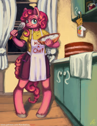 Size: 918x1200 | Tagged: safe, artist:lexx2dot0, pinkie pie, anthro, earth pony, unguligrade anthro, apron, batter, bowl, cake batter, clothes, cute, diapinkes, female, kitchen, looking at you, mare, night, shorts, solo, stars, tongue out