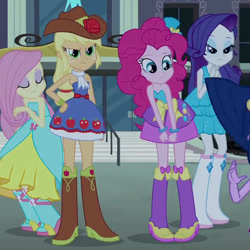 Size: 500x500 | Tagged: safe, screencap, applejack, fluttershy, pinkie pie, rarity, equestria girls, equestria girls (movie), bare shoulders, boots, bracelet, clothes, cowboy boots, cowboy hat, cropped, eyes closed, fall formal outfits, female, hat, high heel boots, jewelry, lidded eyes, looking at you, scarf, sleeveless, stairs, strapless, top hat