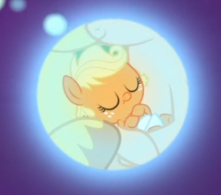 Size: 376x333 | Tagged: safe, screencap, applejack, bright mac, pear butter, earth pony, pony, the perfect pear, applejack's parents, baby, baby pony, babyjack, brightbutter, cropped, cute, diaper, female, foal, foreshadowing, heartwarming, jackabetes, male, shipping, straight