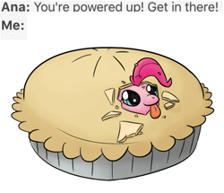 Size: 583x502 | Tagged: safe, artist:phat_guy, edit, pinkie pie, earth pony, pony, :p, crumbs, cute, dialogue, diapinkes, english, female, food, jpg artifacts, literal, mare, meme, overwatch, pie, pinkie being pinkie, plate, ponies in food, pun, silly, simple background, smiling, solo, tongue out, visual pun, white background