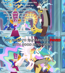 Size: 2000x2246 | Tagged: safe, edit, edited screencap, screencap, discord, princess celestia, princess luna, twilight sparkle, twilight sparkle (alicorn), alicorn, pony, the ending of the end, angry, canterlot castle, canterlot throne room, caption, discord drama, good intentions, good intentions gone wrong, image macro, meme, scared, stained glass, tartarus, text, throne