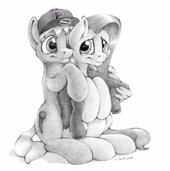 Size: 2512x2528 | Tagged: safe, artist:stallionslaughter, fluttershy, oc, oc:mcarch, pegasus, pony, canon x oc, clothes, comforting, crying, hat, hug, hug from behind, monochrome, pencil drawing, sweater, traditional art