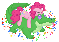 Size: 10596x7648 | Tagged: safe, artist:faitheverlasting, gummy, pinkie pie, alligator, earth pony, pony, absurd resolution, confetti, female, mare, older, ponies riding gators, riding, simple background, tongue out, transparent background