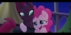 Size: 2220x1080 | Tagged: safe, screencap, fizzlepop berrytwist, pinkie pie, tempest shadow, earth pony, pony, unicorn, my little pony: the movie, arm around neck, awkward, broken horn, excited, eye scar, female, happy, mare, personal space invasion, scar, side hug, smiling