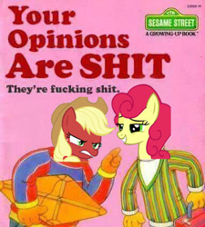 Size: 381x424 | Tagged: safe, applejack, strawberry sunrise, earth pony, pony, honest apple, angry, bert, ernie, opinion, photoshop, sesame street, smug, strawberry savage, that makes me angry! (book), vulgar