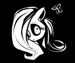 Size: 525x444 | Tagged: safe, artist:otherdrawfag, fluttershy, butterfly, pegasus, pony, female, mare, monochrome, solo