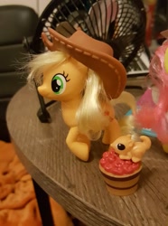 Size: 1072x1440 | Tagged: safe, applejack, pony, squirrel, apple, brushable, food, hat, irl, photo, solo, toy