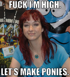 Size: 428x470 | Tagged: safe, human, image macro, irl, irl human, lauren faust, meta, photo, vulgar