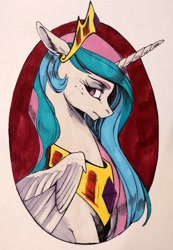 Size: 1000x1448 | Tagged: safe, artist:weird--fish, princess celestia, alicorn, pony, bust, inktober, inktober 2019, portrait, profile, solo, traditional art