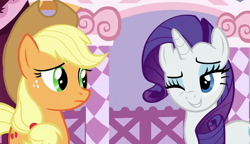 Size: 1280x738 | Tagged: safe, screencap, applejack, rarity, earth pony, pony, unicorn, honest apple, carousel boutique, grin, one eye closed, out of context, smiling, wink