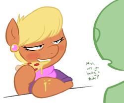 Size: 470x389 | Tagged: safe, artist:shoutingisfun, ms. harshwhinny, oc, oc:anon, earth pony, human, pony, bedroom eyes, blushing, clothes, dialogue, female, human fetish, human male, male, mare, messy eating, pizza, simple background, white background