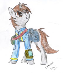 Size: 1280x1497 | Tagged: safe, artist:cloud-up, oc, oc only, oc:littlepip, pony, unicorn, fallout equestria, clothes, explicit source, fanfic, fanfic art, female, mare, pipbuck, simple background, solo, traditional art, vault suit, white background