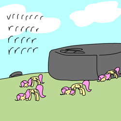 Size: 2000x2000 | Tagged: safe, artist:pencilbrony, fluttershy, pegasus, pony, dialogue, female, flock, grazing, herbivore, herd, horses doing horse things, mare, multeity, onomatopoeia, role reversal, roomba, roombashy, so much flutter, tiny ponies, vrrr, wat