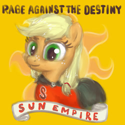 Size: 1400x1400 | Tagged: safe, artist:plotcore, applejack, earth pony, pony, album cover, cape, clothes, evil empire, female, mare, parody, rage against the machine, solo