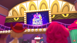 Size: 1366x768 | Tagged: safe, screencap, applejack, juniper montage, pinkie pie, pony, equestria girls, my little pony: the movie, the show must go on, 3d, doll, equestria girls minis, food, hasbro, human ponidox, my little pony logo, popcorn, self ponidox, square crossover, toy, youtube link