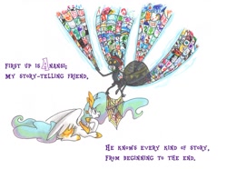 Size: 1036x771 | Tagged: safe, artist:frankilew, princess celestia, alicorn, pony, spider, anansi, celestia abc, crown, duo, ethereal mane, female, hoof shoes, jewelry, mare, peytral, poem, prone, regalia, rhyme, simple background, spider web, traditional art, white background