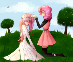 Size: 2000x1700 | Tagged: safe, artist:rmariansj, fluttershy, pinkie pie, butterfly, human, blushing, clothes, cloud, cute, dress, eyes closed, female, floral head wreath, flower, flutterpie, grass, humanized, lesbian, shipping, sky, smiling, tree