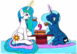 Size: 3495x2471 | Tagged: safe, artist:killerteddybear94, princess celestia, princess luna, alicorn, pony, aweeg*, cake, cakelestia, candle, cute, eating, female, food, happy birthday mlp:fim, looking at each other, magic, mlp fim's ninth anniversary, open mouth, royal sisters, scrunchy face, siblings, sisters, sitting, smiling, table, traditional art