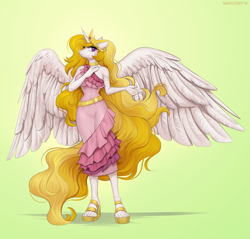 Size: 1257x1200 | Tagged: safe, artist:margony, princess celestia, alicorn, anthro, plantigrade anthro, alternate hair color, clothes, crown, dress, female, jewelry, looking at you, mare, regalia, sandals, solo, yellow hair