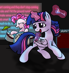 Size: 1080x1134 | Tagged: safe, artist:inkblu, derpibooru import, pinkie pie, twilight sparkle, twilight sparkle (alicorn), alicorn, earth pony, pony, all star, all star (song), drink, drums, female, karaoke, lyrics, mare, shrek, singing, smash mouth, song reference, text