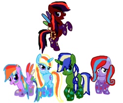 Size: 1187x991 | Tagged: safe, artist:mokalo, oc, oc only, oc:arion sajs, oc:crystal belle, oc:midnight star, oc:moondreamer, oc:rainbow cookie, paint tool sai, rainbow, rainbow power, rainbow power-ified, simple background, sparkles, white background