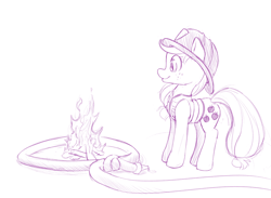 Size: 800x587 | Tagged: safe, artist:dstears, applejack, earth pony, pony, clothes, female, fire, fire hose, firefighter applejack, firefighter helmet, helmet, lasso, mare, monochrome, silly, silly pony, simple background, smiling, solo, vest, white background, who's a silly pony