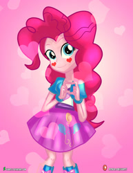 Size: 1500x1942 | Tagged: safe, artist:dieart77, pinkie pie, equestria girls, clothes, cutie mark on clothes, female, heart, heart hands, holiday, looking at you, patreon, patreon logo, skirt, smiling, solo, valentine's day