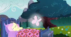 Size: 1069x550 | Tagged: safe, fluttershy, butterfly, pegasus, pony, bed, dream, sleeping, tree