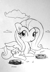 Size: 1102x1573 | Tagged: safe, artist:tjpones, fluttershy, pegasus, pony, chest fluff, ear fluff, grayscale, lineart, monochrome, onomatopoeia, prone, roomba, roombashy, solo, traditional art, trio, vrrr