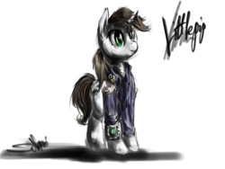 Size: 1600x1200 | Tagged: safe, artist:nemo2d, oc, oc only, oc:littlepip, pony, unicorn, fallout equestria, clothes, fanfic, fanfic art, female, mare, pipbuck, simple background, solo, vault suit, white background