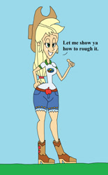 Size: 1321x2137 | Tagged: safe, artist:hunterxcolleen, applejack, equestria girls, legend of everfree, boots, camping outfit, dialogue, grin, lidded eyes, smiling, solo, talking