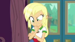 Size: 1280x720 | Tagged: safe, screencap, applejack, equestria girls, legend of everfree, camp everfree outfits, clothes, denim shorts, female, freckles, solo