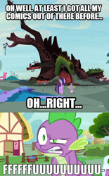 Size: 538x867 | Tagged: safe, derpibooru import, screencap, spike, twilight sparkle, dragon, comic book, fffuuuuu, golden oaks library, image macro, meme, vulgar