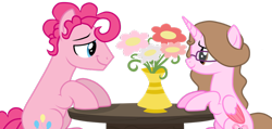 Size: 1024x487 | Tagged: safe, artist:cindydreamlight, bubble berry, pinkie pie, oc, oc:cindy, alicorn, pony, canon x oc, female, flower, glasses, looking at each other, male, mare, rule 63, shipping, simple background, stallion, straight, transparent background