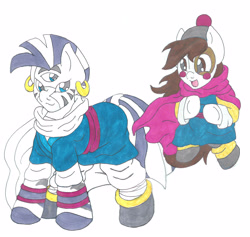 Size: 3165x3000 | Tagged: safe, artist:blackbewhite2k7, pipsqueak, zecora, zebra, chaotzu, crossover, dragon ball z, marker drawing, parody, simple background, third eye, tien shinhan, traditional art, white background