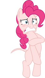 Size: 2052x3573 | Tagged: safe, artist:porygon2z, edit, editor:slayerbvc, pinkie pie, earth pony, pony, make new friends but keep discord, bald, bipedal, blushing, covering, covering crotch, embarrassed, female, furless, furless edit, mare, naked rarity, nude edit, nudity, shaved, shaved tail, simple background, solo, transparent background, vector, vector edit