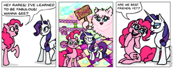 Size: 936x377 | Tagged: safe, artist:gingerfoxy, pinkie pie, rarity, oc, oc:fluffle puff, earth pony, pony, unicorn, pony comic generator, comic, female, mare, pomf, simple background, speech bubble, white background