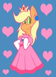 Size: 576x792 | Tagged: safe, artist:pembroke, applejack, earth pony, pony, 30 minute art challenge, bipedal, clothes, dress, heart, princess peach, smiling, solo, super mario bros.