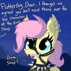 Size: 2048x2048 | Tagged: safe, artist:tjpones, fluttershy, pegasus, pony, fake it 'til you make it, bit, bridle, choker, cute, cute little fangs, ear piercing, earring, eyebrow piercing, eyeshadow, fangs, female, implied flutterbat, implied rarity, jewelry, makeup, mare, offscreen character, piercing, solo, spiked choker, tack, tongue piercing