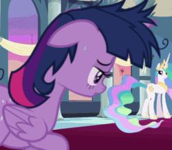 Size: 800x700 | Tagged: safe, screencap, princess celestia, twilight sparkle, twilight sparkle (alicorn), alicorn, pony, the last problem, animated, context is for the weak, cropped, female, gif, invisible stallion, mare, messy mane, panting, sweat